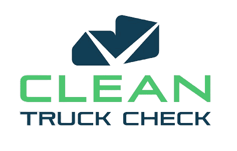 Logo for "Clean Truck Check" featuring a dark blue abstract checkmark above the words "CLEAN" in green and "TRUCK CHECK" in dark blue on a light background.