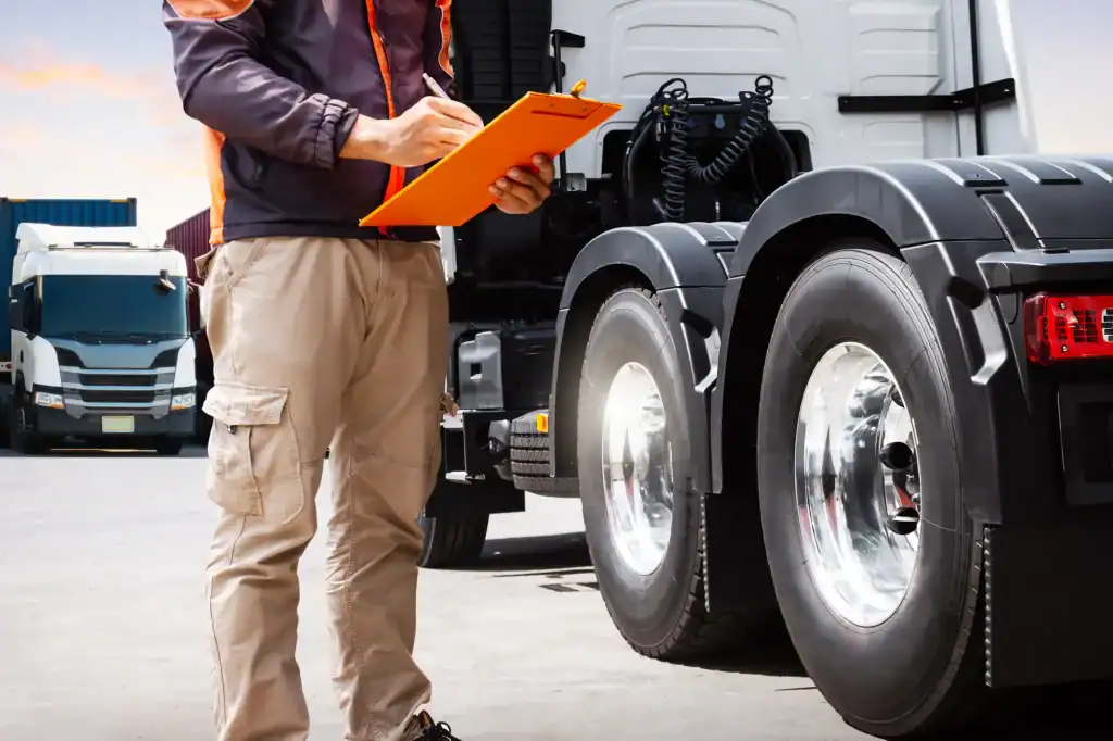 A person in work clothes holds an orange clipboard and inspects a large truck’s rear wheels, ensuring Clean Truck Check Los Angeles & Riverside County, CA compliance, with other trucks and a shipping area visible in the background.