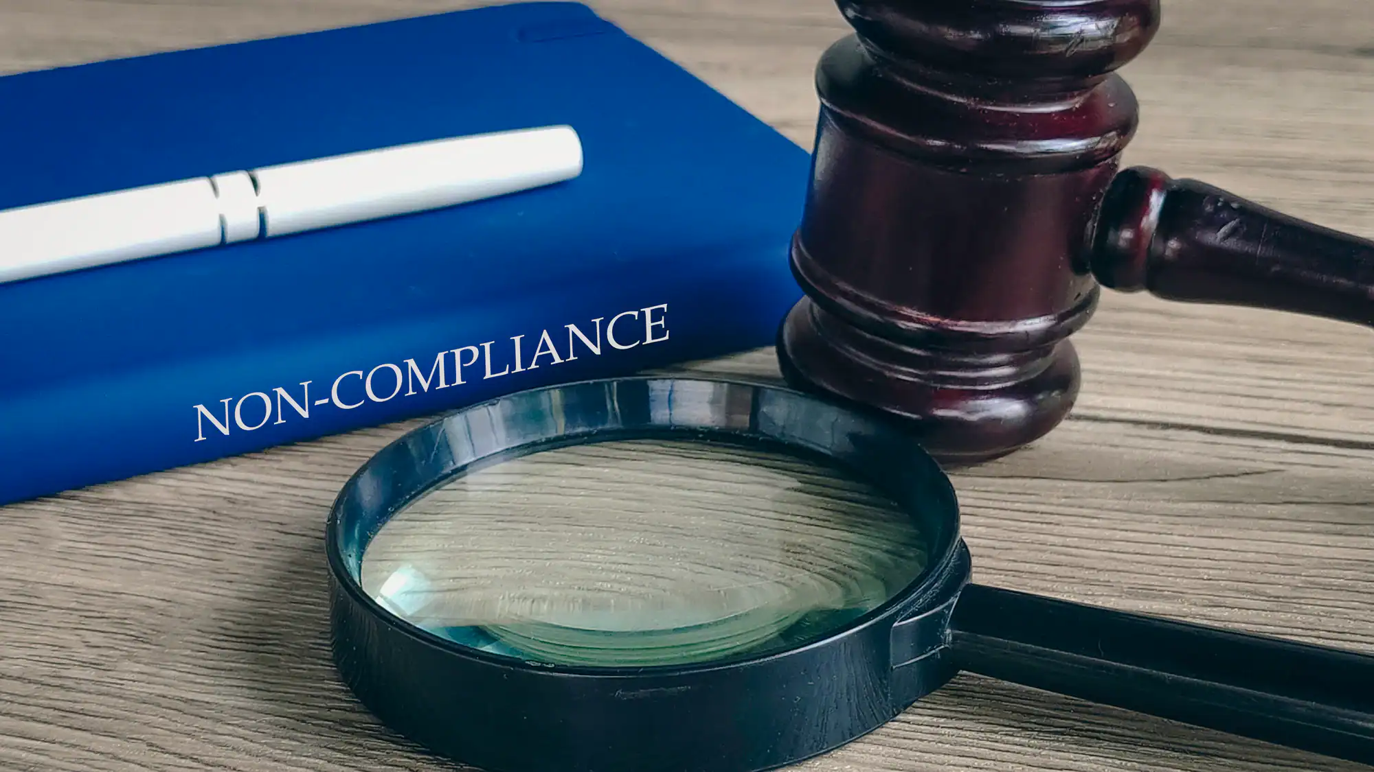 A blue book labeled "NON-COMPLIANCE," a judge's gavel, a pen, and a magnifying glass are arranged on a wooden desk, symbolizing legal review and investigation.