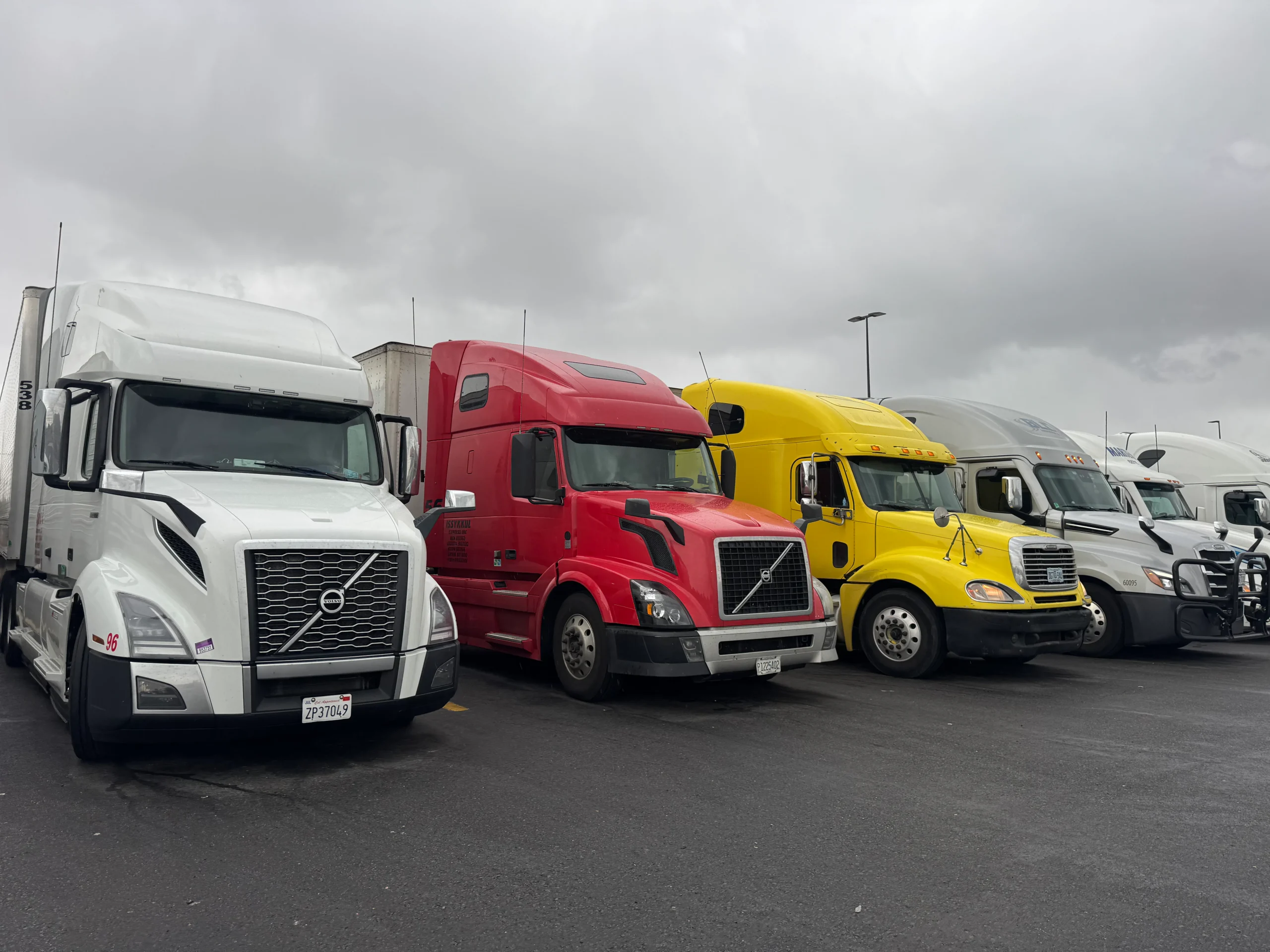 Several semi-trucks in different colors, including white, red, yellow, and gray, are parked side by side on an overcast day in a large parking lot.