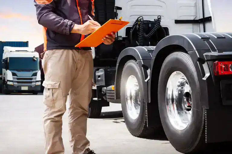 A person in work clothes and a safety vest is holding a clipboard and inspecting a large truck, conducting a Clean Truck Check in Los Angeles & Riverside County, CA, with other trucks seen in the background at a transport or logistics area.