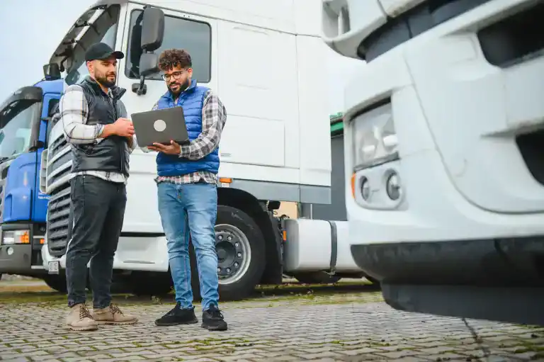 Two men stand in front of large trucks on a paved lot in CA, one holding a laptop and showing something to the other. Both wear casual clothes and vests, appearing to discuss work or Clean Truck Check Los Angeles & Riverside County logistics.